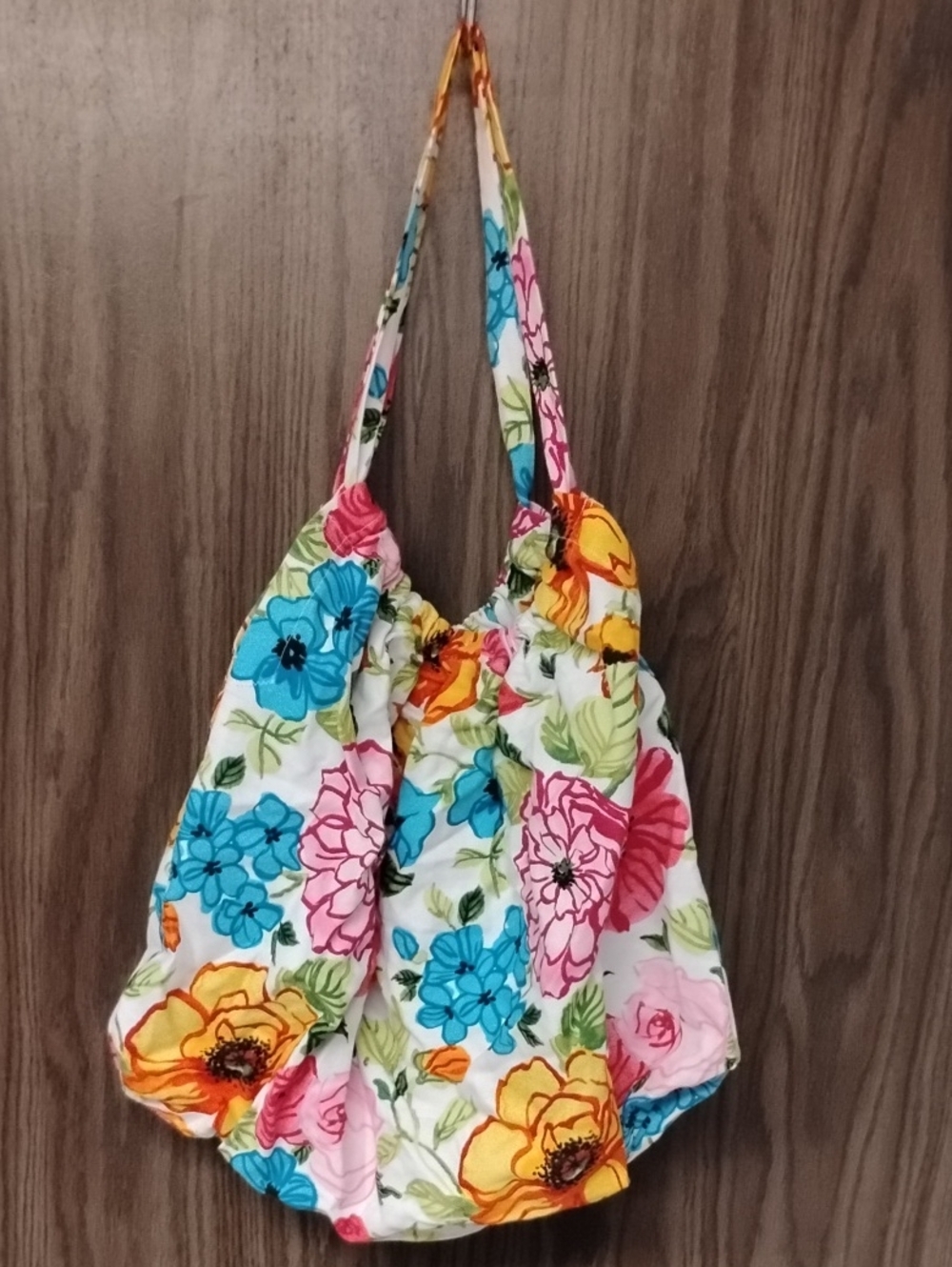 Floral Print Hand Crafted Tote Bag in White with Multicolor Blooms